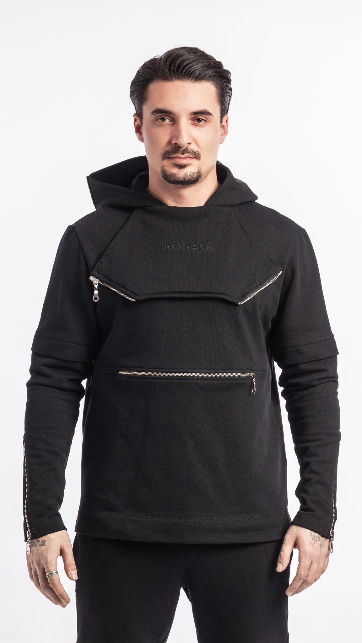 Sweat noir à capuche Unik Paris en coton avec logo brodé