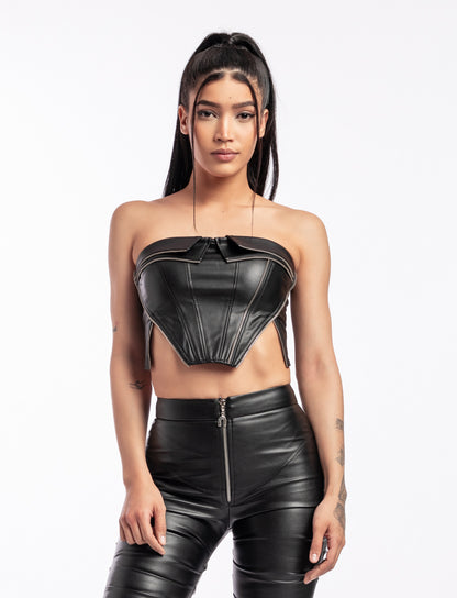Corset noir en simili cuir avec curseur zip en argent véritable