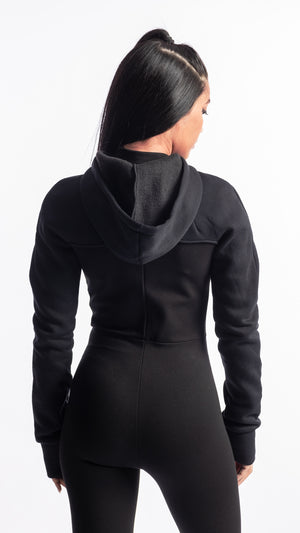 Sweat Unik Paris court noir à capuche en coton avec curseur en argent véritable 